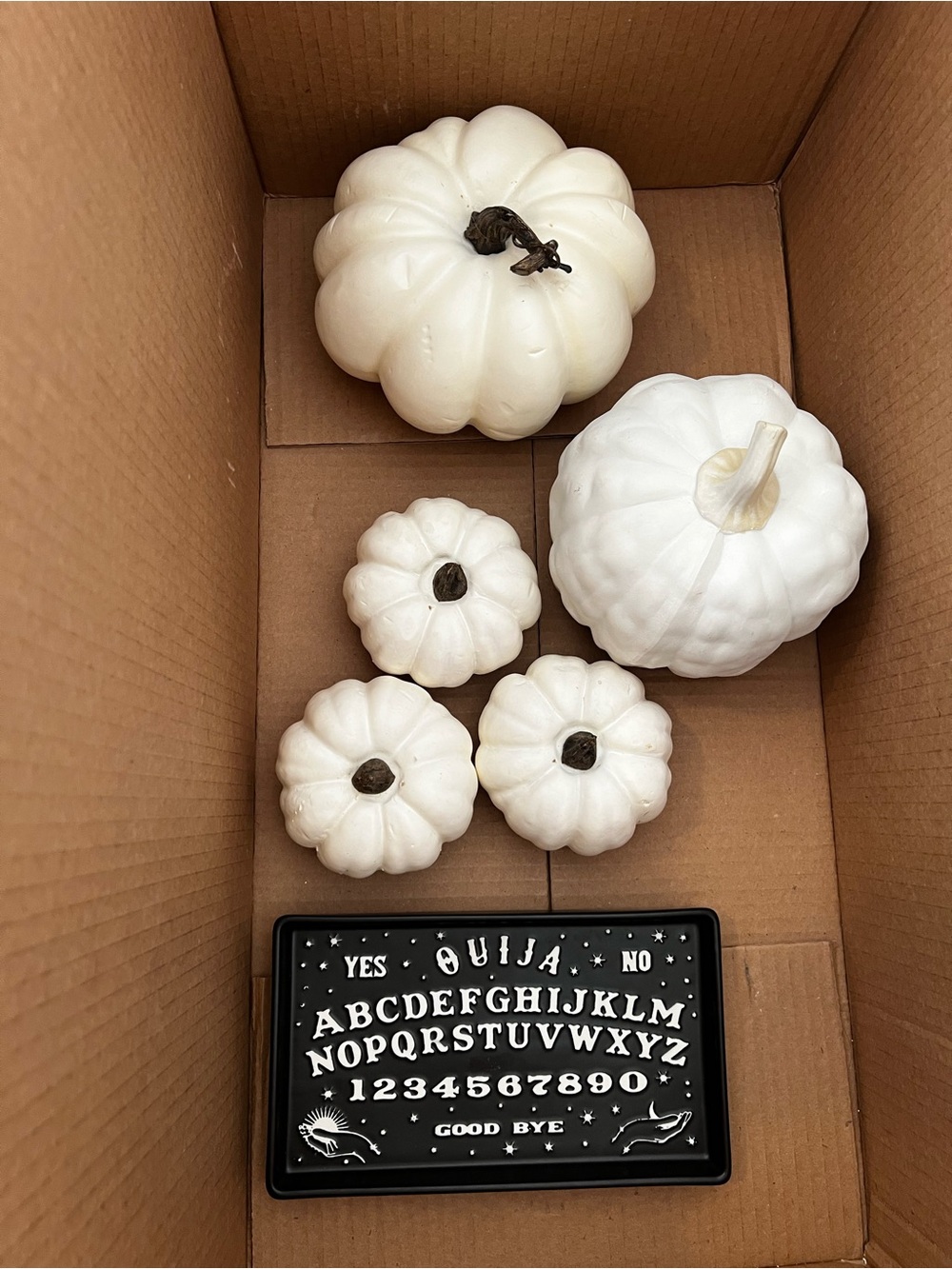 Halloween Decor - White Pumpkins & Ouija Tray